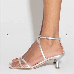 AEYDE Maeve Kitten Heel Strappy Sandals Sz. 38.5 in Silver Metallic Leather NIB